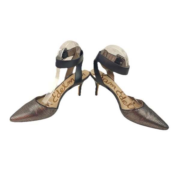 *Sam Edelman Okala Ankle Strap Heel Womens Size 8.5 Black Leather Gold Textured - Picture 7 of 12